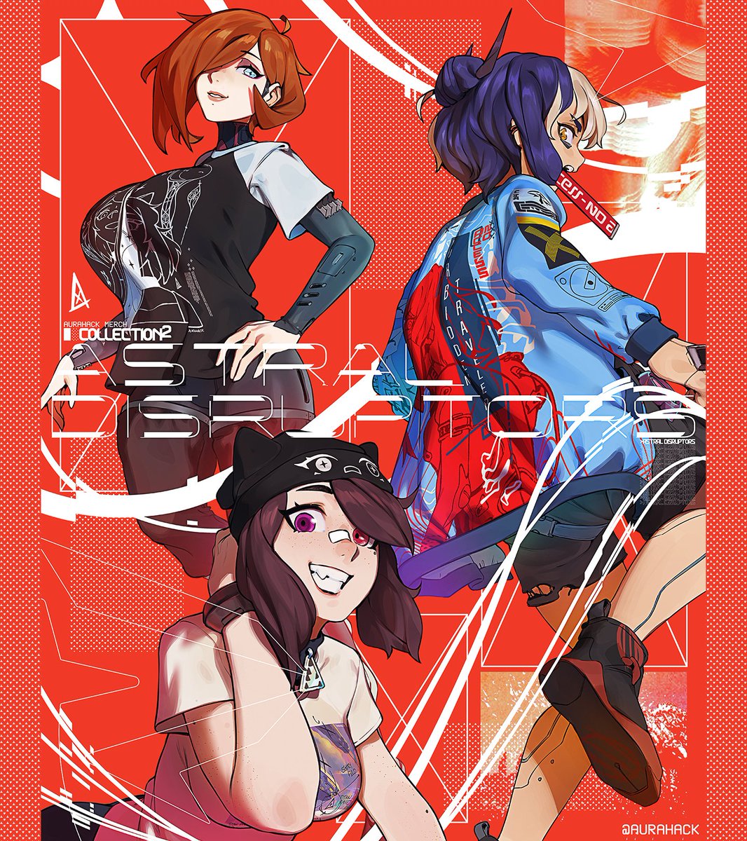 3girls, animal_hat, ascari_megane_(aurahack), aurahack, bandaid, bandaid_on_face, bandaid_on_nose, beanie