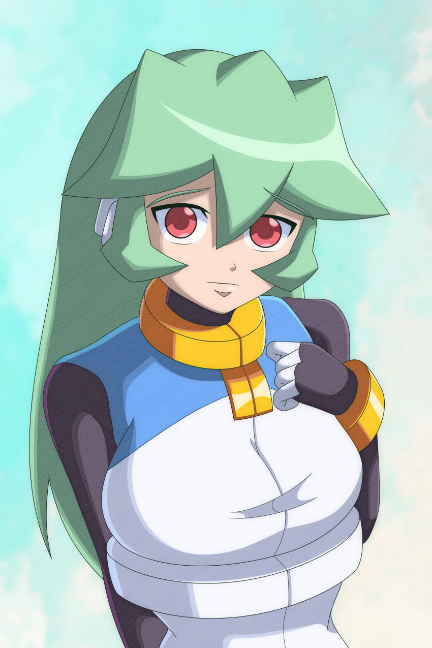 1girl, absurdres, blue_shirt, breasts, green_eyes, high-waist_skirt, highres, large_breasts, long_hair, looking_at_viewer, mega_man_(series), mega_man_zx, pandora_(mega_man), red_eyes, robot_ears, rockmangrave, shirt, skirt, sleeveless, sleeveless_shirt, solo, upper_body, white_shirt, white_skirt