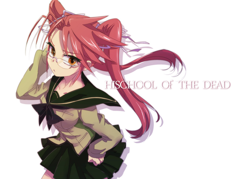 adjusting_hair, glasses, hair_ribbon, hand_on_hip, highschool_of_the_dead, long_hair, mattie, orange_eyes