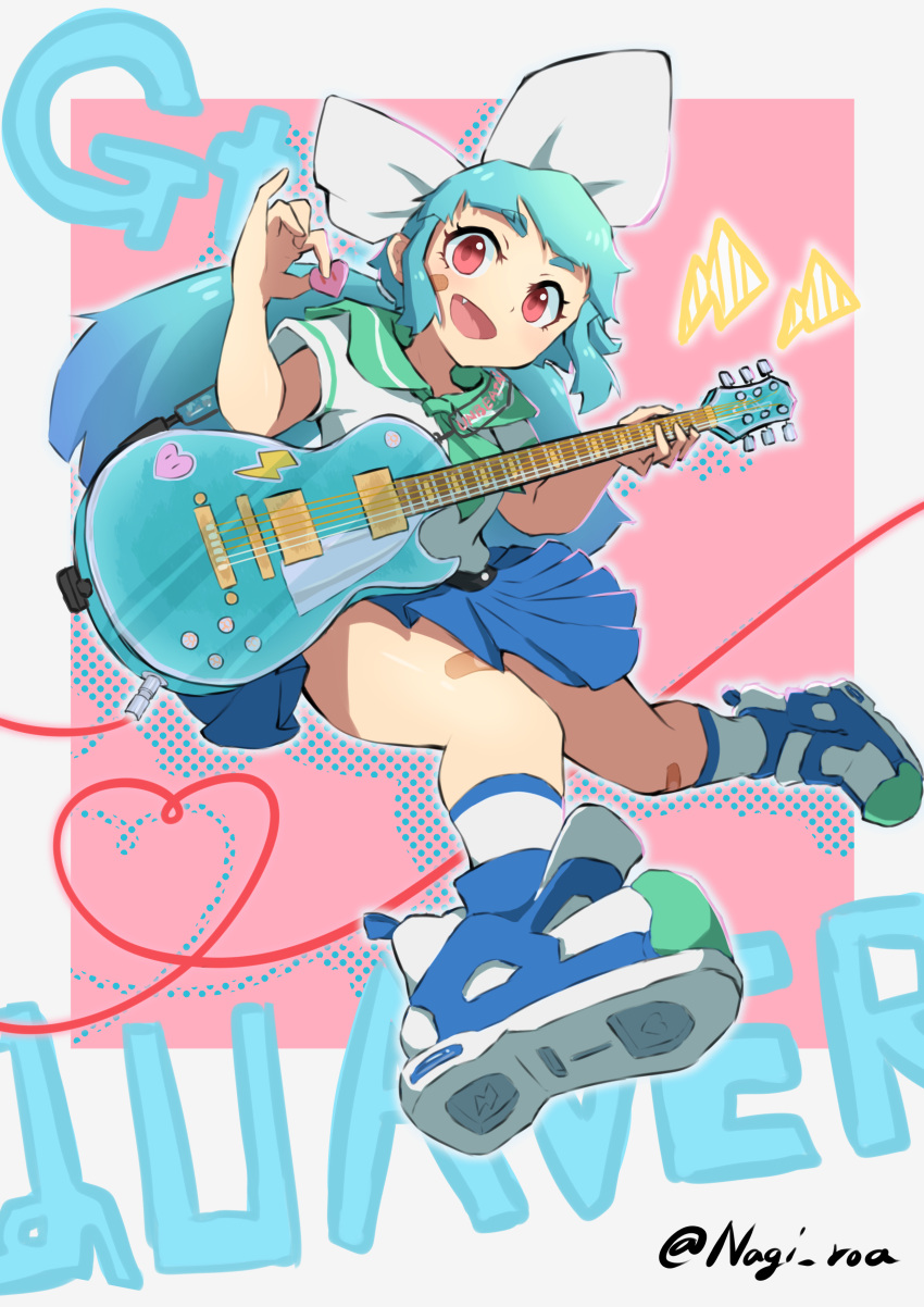 1girl, absurdres, aqua_hair, blue_footwear, blue_skirt, bow, commentary_request, electric_guitar