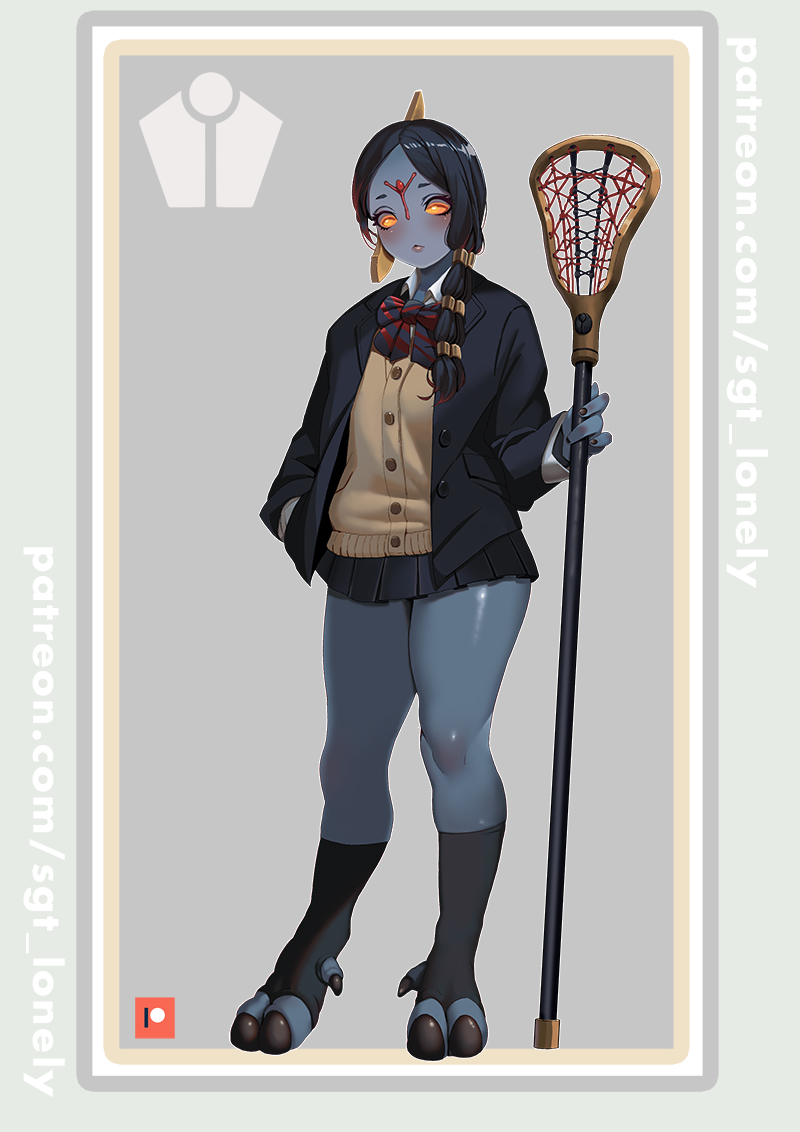 1girl, alien, alternate_universe, asymmetrical_hair, black_jacket, black_nails, black_skirt, black_socks
