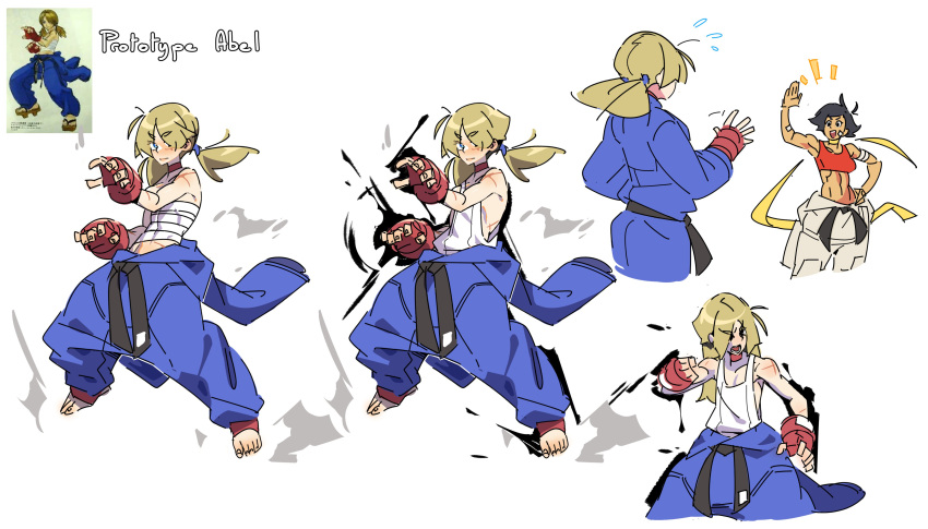 1boy, 1girl, abel_(street_fighter), absurdres, alternate_form, baggy_pants, black_hair, blonde_hair, blue_eyes, choker, clothes_around_waist, commentary, cross_scar, dark-skinned_female, dark_skin, dougi, english_commentary, fingerless_gloves, gloves, hair_over_one_eye, highres, long_hair, low_twintails, makoto_(street_fighter), otoko_no_ko, pants, prototype_abel_(street_fighter), prototype_design, red_gloves, requin_cobalt, ribbon_choker, scar, scar_on_arm, solo_focus, street_fighter, street_fighter_iv_(series), tomboy, toned, twintails, waving, yellow_choker