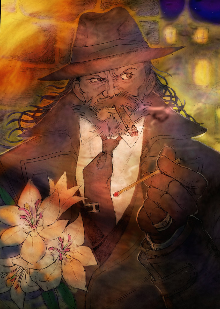 1boy, beard, black_coat, brown_eyes, brown_gloves, brown_hair, brown_hat, cigar