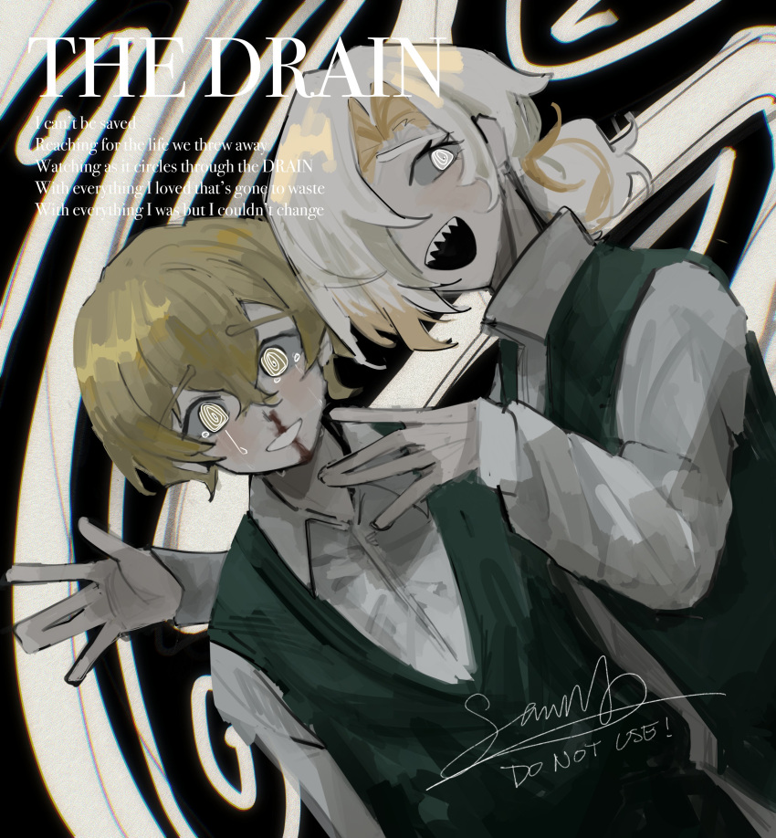 1boy, 1girl, absurdres, blonde_hair, blood, collared_shirt, dutch_angle, english_text