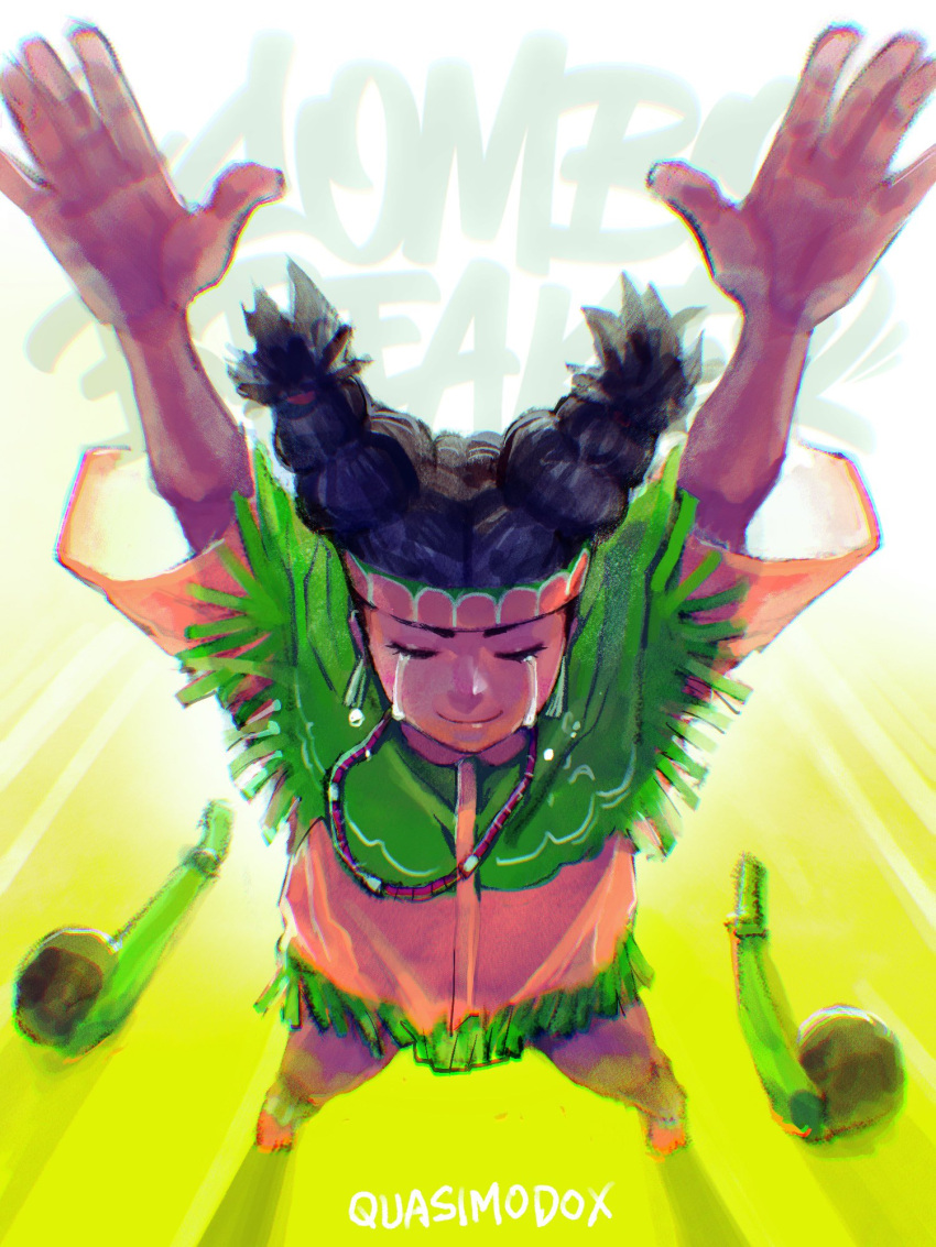 1girl, arms_up, black_hair, closed_eyes, club_(weapon), commentary, dark-skinned_female, dark_skin
