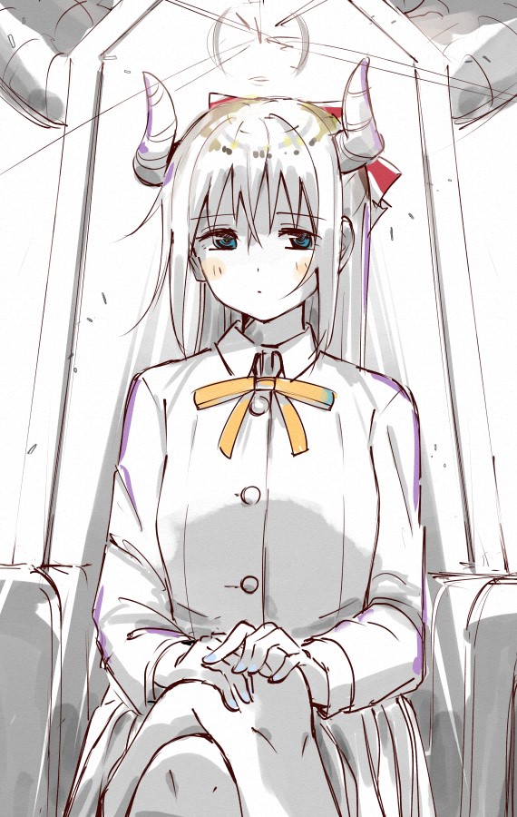 1girl, blazer, blue_eyes, blush, bow, buttons, closed_mouth, collared_shirt