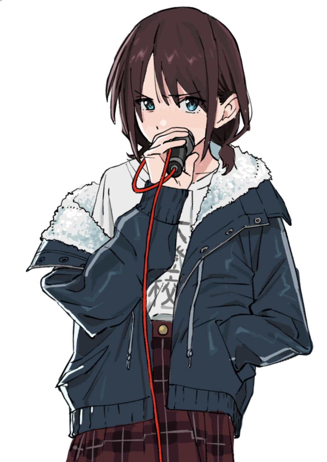 1girl, anzaiteru_099, blue_jacket, blush, brown_hair, girls_band_cry, glaring, hand_in_pocket