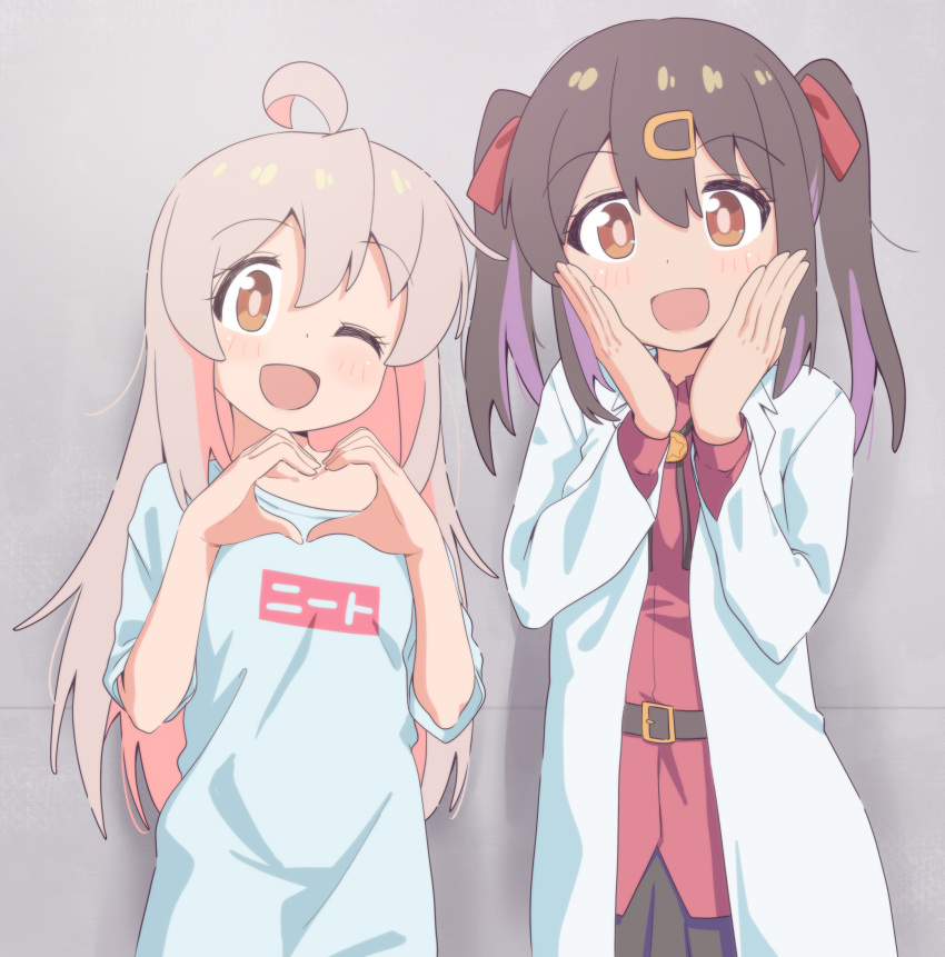 2girls, absurdres, ahoge, belt, black_hair, hair_ornament, hair_ribbon, hands_on_own_face