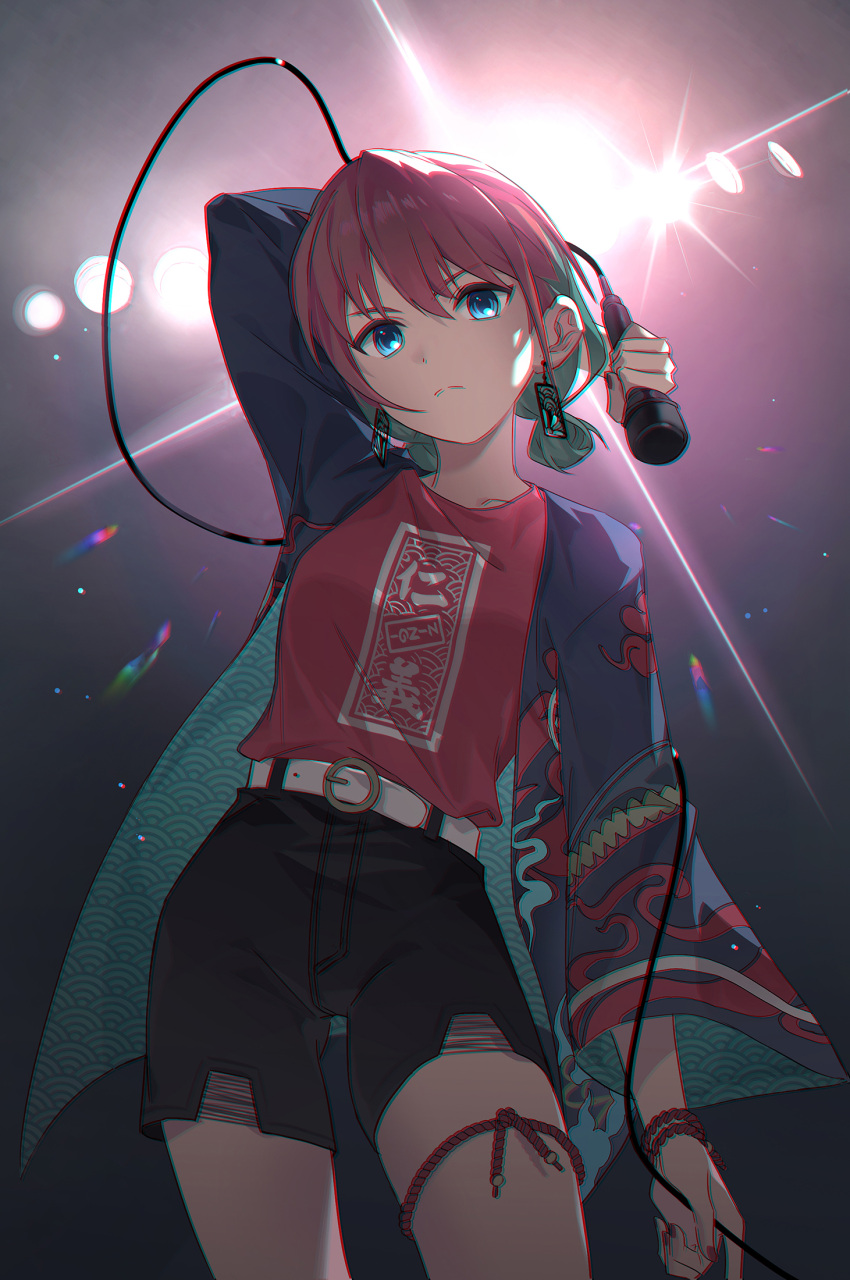 1girl, belt, belt_buckle, black_shorts, blue_eyes, blue_hair, blue_happi, brown_hair