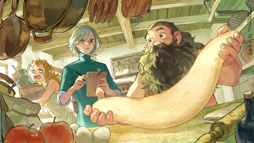 1girl, 2boys, apple, bags_under_eyes, beard, black_eyes, blonde_hair, blush
