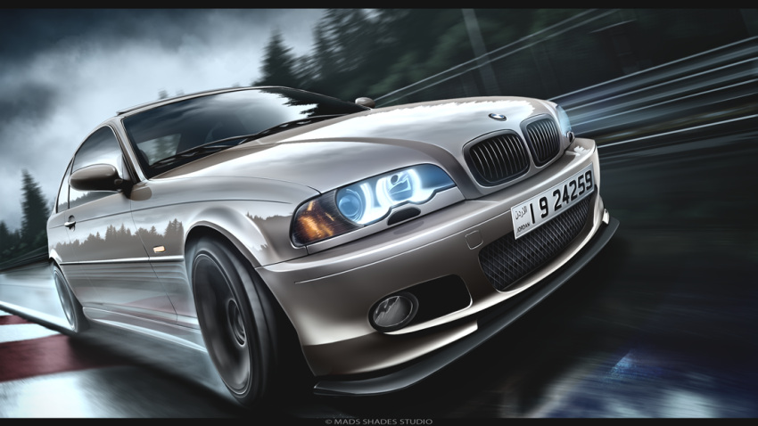 arabic_text, artist_name, bmw, bmw_3_series, bmw_e46, bmw_m3, car, clouds