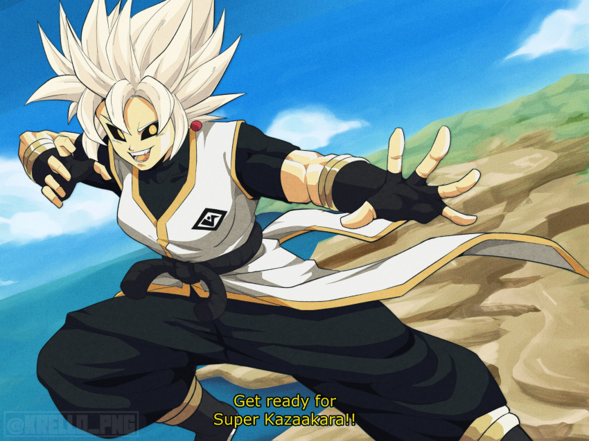 1girl, baggy_pants, belt, black_gloves, black_sclera, black_shirt, blonde_hair, blue_sky