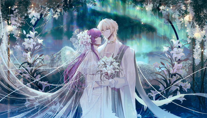 1boy, 1girl, absurdres, alkaid_mcgrath, arch, aurora, black_scarf, blonde_hair