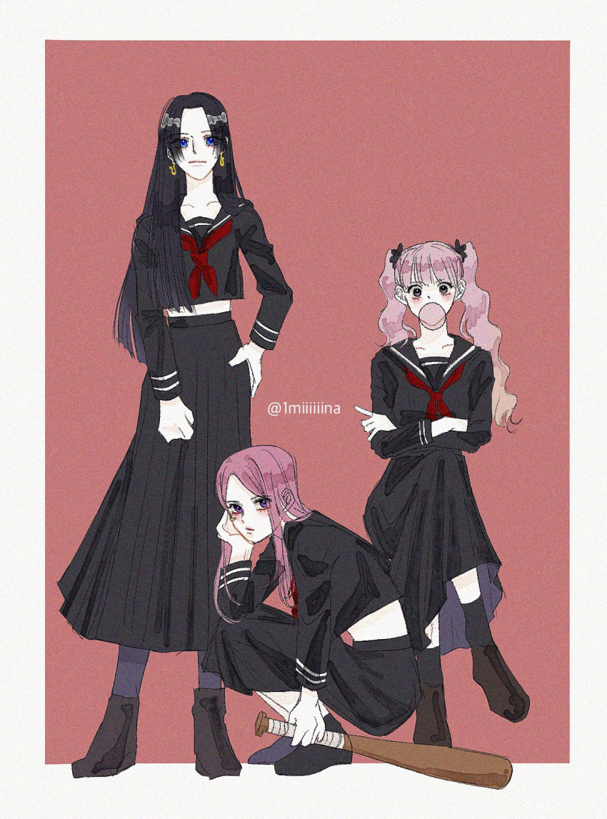1miiiiiina, 3girls, baseball_bat, black_hair, black_sailor_collar, blue_eyes, blunt_bangs, boa_hancock