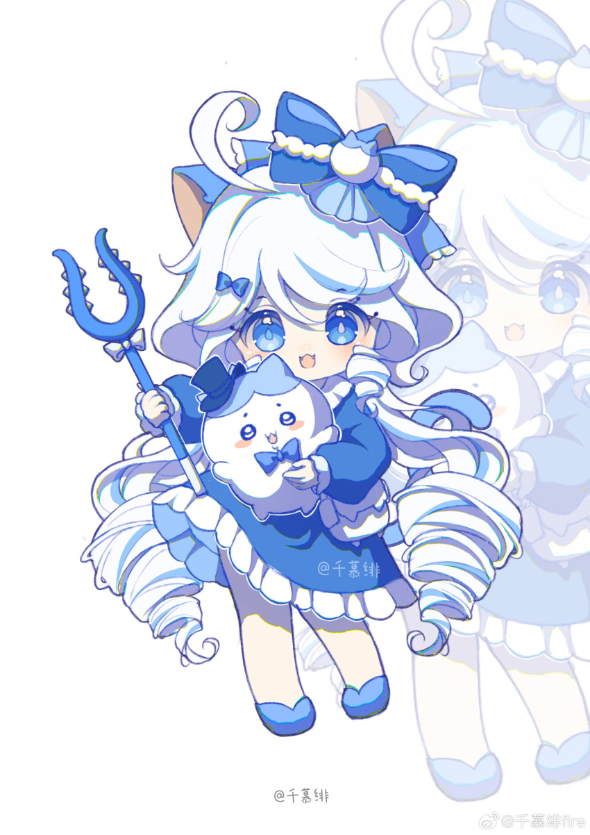 1girl, :3, absurdres, alternate_costume, bad_source, blue_bow, blue_dress, blue_hair