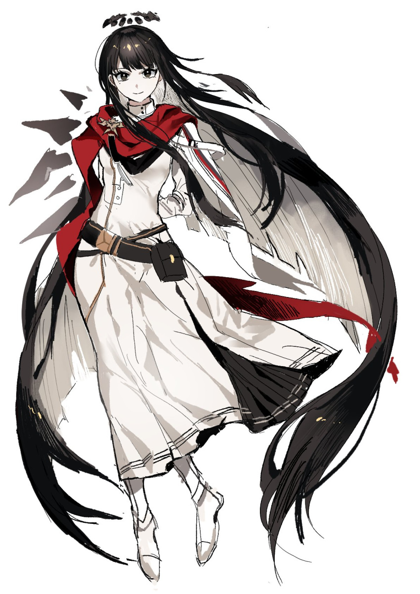 1girl, aehobakjeon, arknights, black_eyes, black_hair, black_halo, black_wings, blunt_bangs, boots, cosplay, detached_wings, dress, executor_(arknights), executor_the_ex_foedere_(arknights), executor_the_ex_foedere_(arknights)_(cosplay), halo, highres, long_hair, long_sleeves, looking_at_viewer, red_scarf, scarf, simple_background, smile, solo, very_long_hair, virtuosa_(arknights), white_background, white_dress, white_footwear, wings