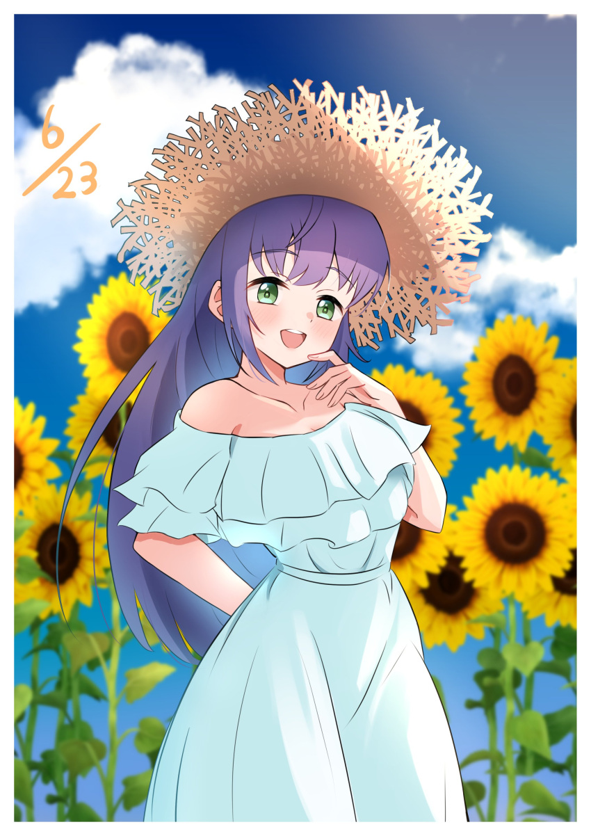 1girl, :d, absurdres, arm_behind_back, blue_sky, blurry, blurry_background, blush