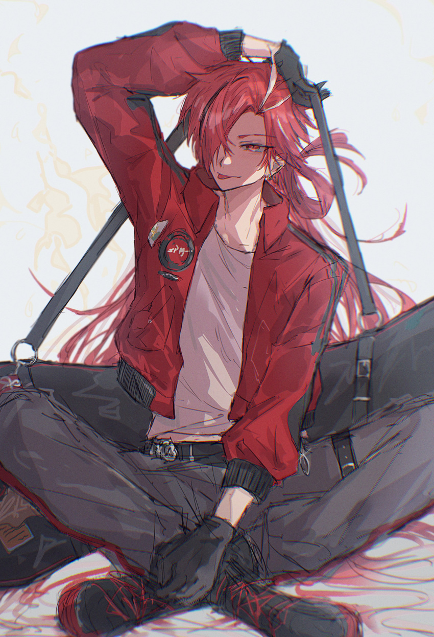 1boy, absurdres, anohito_(amaruno110), belt, crossed_legs, fate/grand_order, fate_(series), gloves, high_collar, highres, jacket, long_hair, long_sleeves, male_focus, red_eyes, red_jacket, redhead, simple_background, sitting, solo, takasugi_shinsaku_(fate), thigh_strap, tongue, tongue_out, very_long_hair