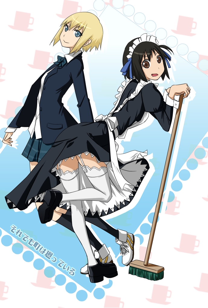 black_hair, blazer, blonde_hair, blue_eyes, broom, brown_eyes, garter_straps, kneehighs
