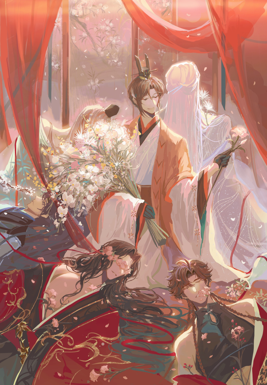 1girl, 5boys, absurdres, back-to-back, bishounen, black_gloves, black_hair, black_headband