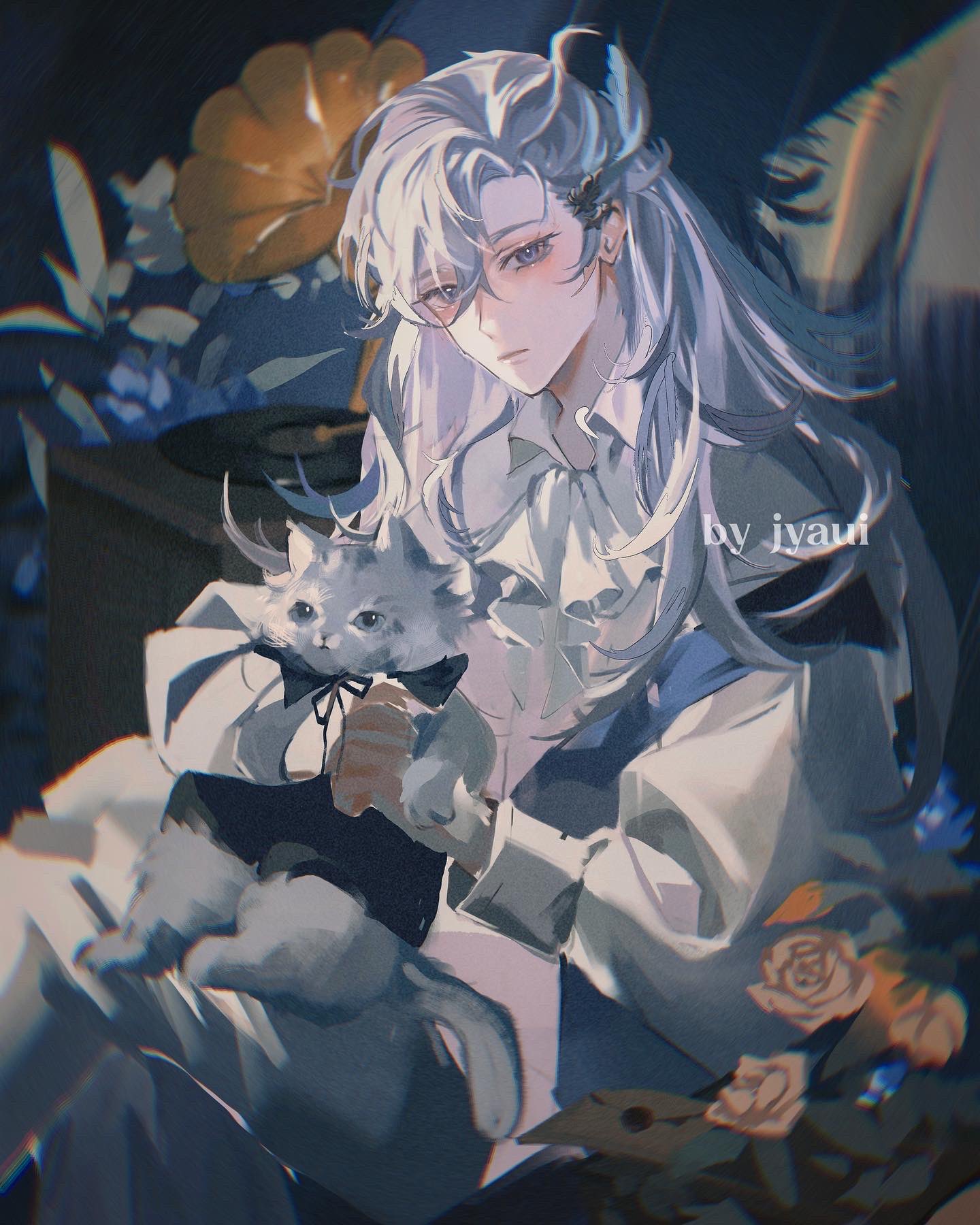 1boy, animal, artist_name, ascot, asymmetrical_bangs, blue_eyes, blue_flower, blue_hair, cat, closed_mouth, clothed_animal, collared_shirt, crossed_legs, expressionless, feather_hair_ornament, feathers, feet_out_of_frame, flower, genshin_impact, grey_cat, hair_between_eyes, hair_ornament, highres, holding, holding_animal, holding_cat, indoors, jyauii, leaf, letter, light_blush, long_hair, long_sleeves, looking_at_viewer, male_focus, multicolored_hair, neuvillette_(genshin_impact), pants, phonograph, puffy_long_sleeves, puffy_sleeves, rose, shirt, solo, streaked_hair, white_ascot, white_hair, white_pants, yellow_flower, yellow_rose