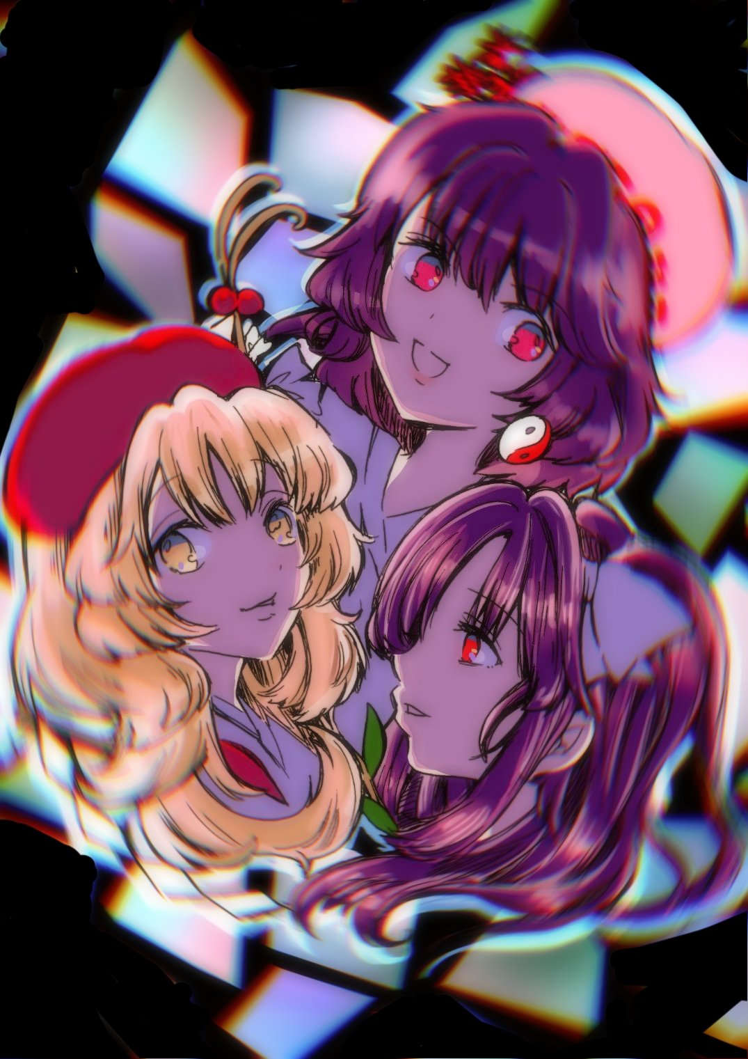 3girls, :d, black_hair, blonde_hair, branch, earrings, girl_who_trained_on_mt._haku_(touhou), hair_ribbon