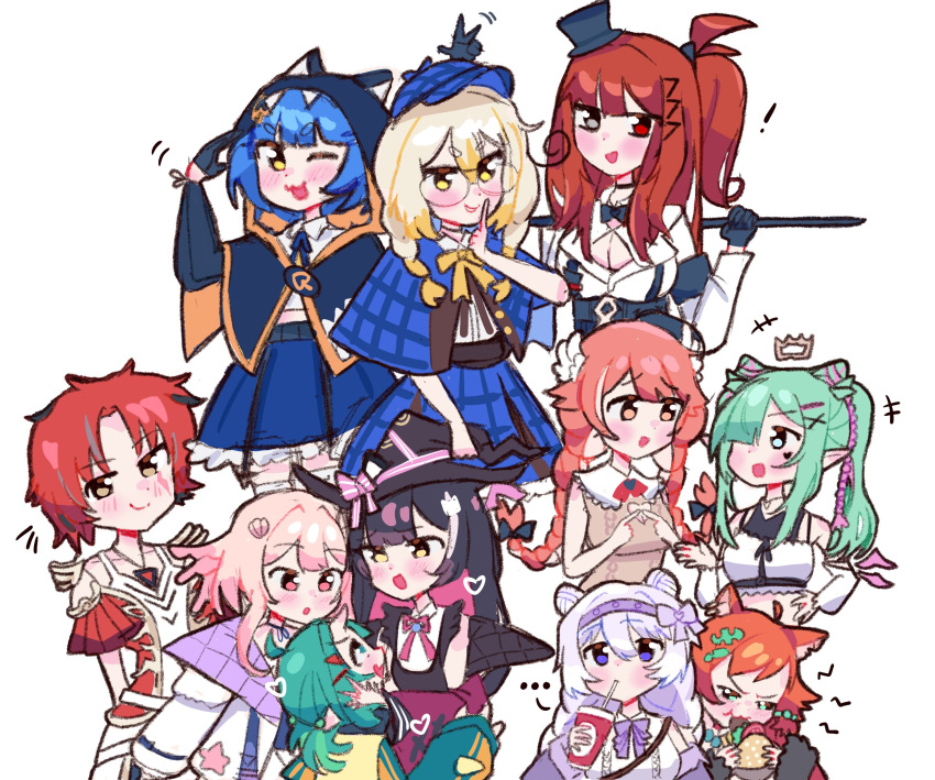 !, ..., 6+girls, airi_viridis, animal_ears, animal_hood, black_gloves, blaise_shinryu, blonde_hair, blue_capelet, blue_hat, blue_skirt, blush, burger, capelet, checkered_capelet, checkered_clothes, checkered_skirt, chibi, chio_chompi, cup, daiya_fortuna, double_bun, drinking, eating, eien_project, elia_stellaria, finger_to_mouth, food, gloves, green_hair, hair_bun, hair_over_one_eye, hat, heart, heterochromia, highres, holding, holding_burger, holding_cup, holding_food, hood, idol_corp, indie_virtual_youtuber, kanna_yanagi, long_hair, lottie_shinju, medium_hair, mozumi_pichi, multicolored_hair, multiple_girls, pillowdear, pixellink, poko_rakun, poko_rakun_(artist), purple_ribbon, raki_kazuki, red_eyes, redhead, ribbon, short_hair, shushing, simple_background, sketch, skirt, tilted_headwear, top_hat, v-dere, virtual_youtuber, white_background, white_hair, witch_hat, yellow_eyes