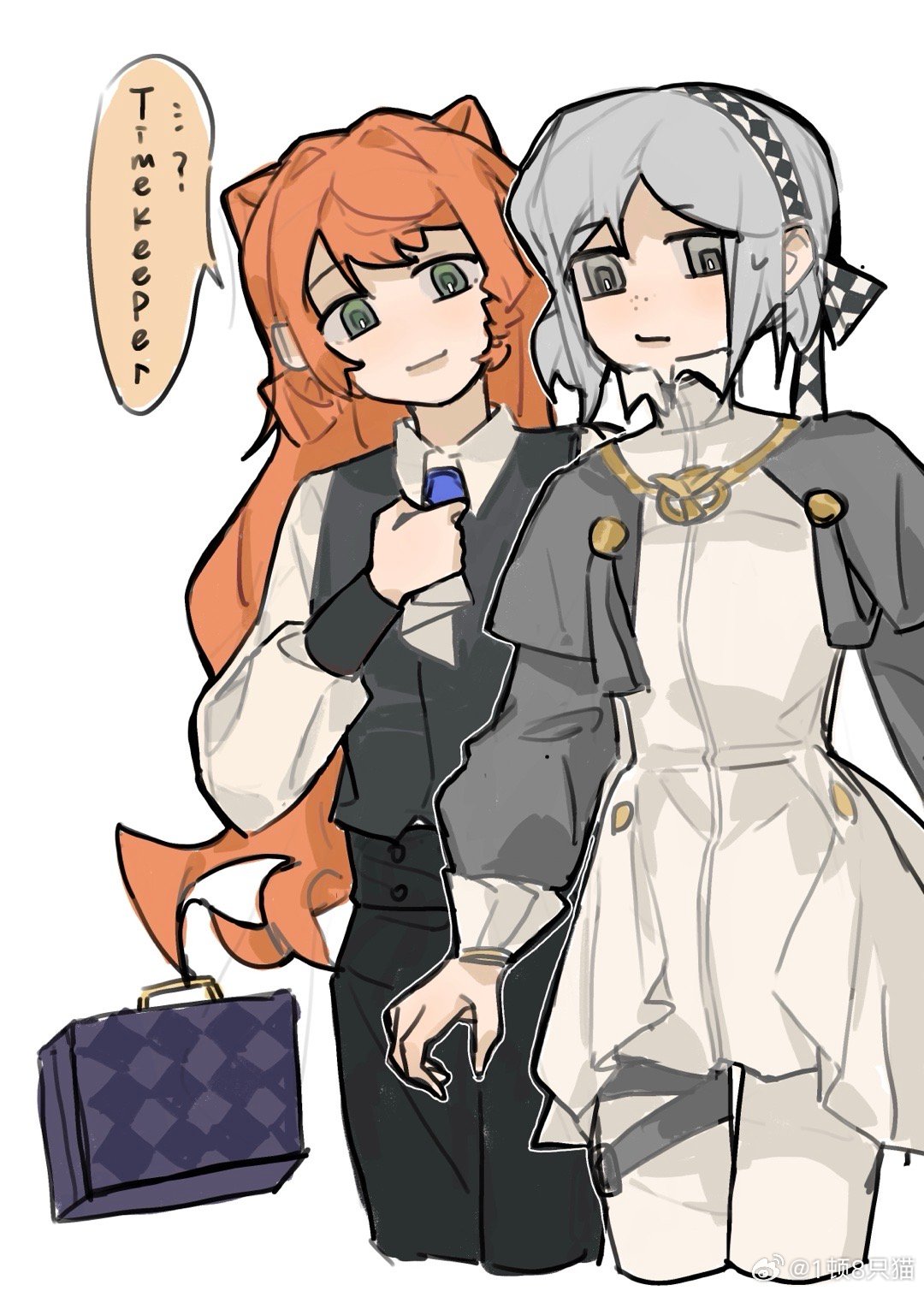 1_dun_8_zhi_mao, 2girls, :/, adjusting_ascot, ascot, black_pants, checkered_hairband, collared_shirt, cosplay, costume_switch, cowboy_shot, cropped_legs, dress, english_text, green_eyes, grey_cloak, grey_eyes, grey_hair, grey_sleeves, grey_vest, hand_up, high_collar, highres, long_hair, long_sleeves, looking_at_viewer, multiple_girls, no_headwear, orange_hair, pants, pants_under_dress, reverse:1999, shirt, smile, sonetto_(reverse:1999), speech_bubble, suitcase, two_side_up, vertin_(reverse:1999), vest, waistcoat, white_ascot, white_background, white_dress, white_pants, white_shirt
