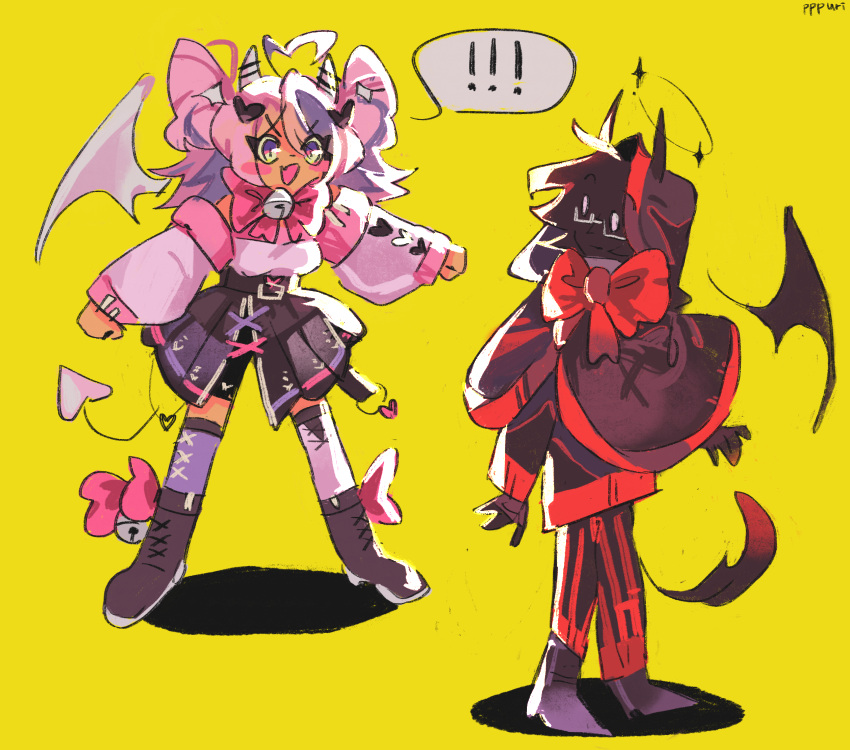 !, !!, 1boy, 1girl, ahoge, ankle_bell, badboyhalo, bell