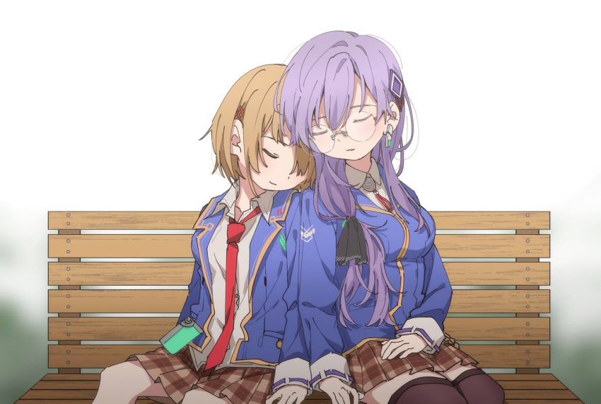 2girls, blonde_hair, blue_jacket, breasts, closed_eyes, cuddling, grey_hair, hair_ornament, hair_over_one_eye, hair_over_shoulder, heaven_burns_red, izumi_yuki_(heaven_burns_red), jacket, kaki_traveler, kayamori_ruka, large_breasts, long_hair, long_sleeves, low-tied_long_hair, multiple_girls, necktie, on_bench, one_eye_covered, outdoors, red_necktie, round_eyewear, shirt, short_hair, white_shirt, yuri