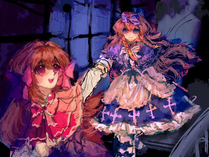 2girls, blue_bow, blue_capelet, blue_dress, blue_eyes, bow, bow_hairband, brown_hair