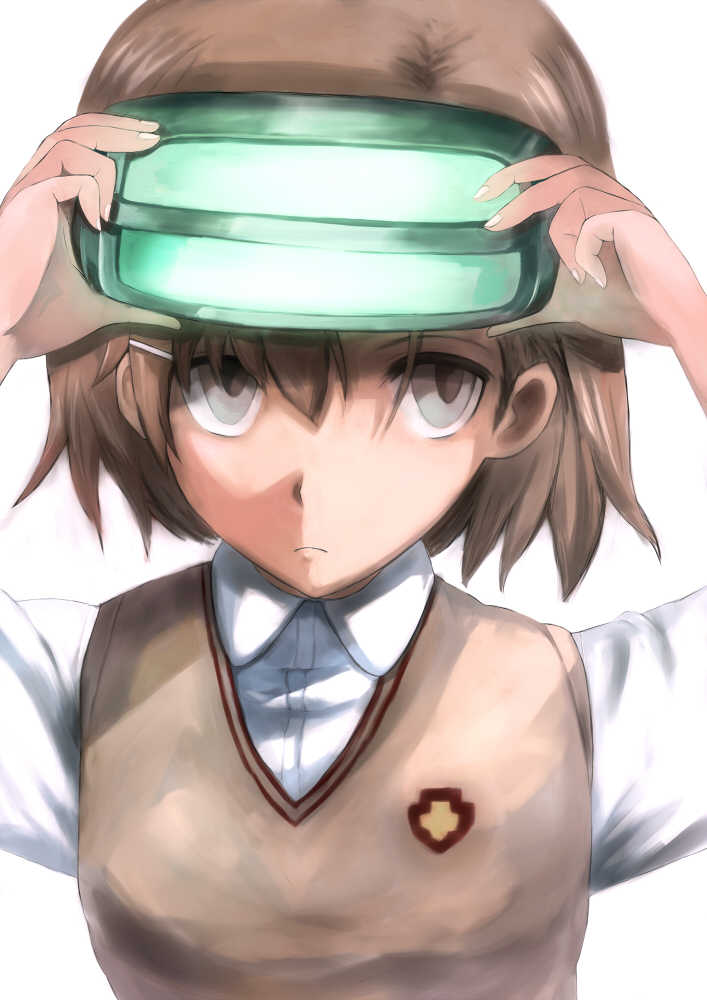 empty_eyes, frown, grey_eyes, hair_ornament, hairclip, head_mounted_display, jyairo, misaka_imouto
