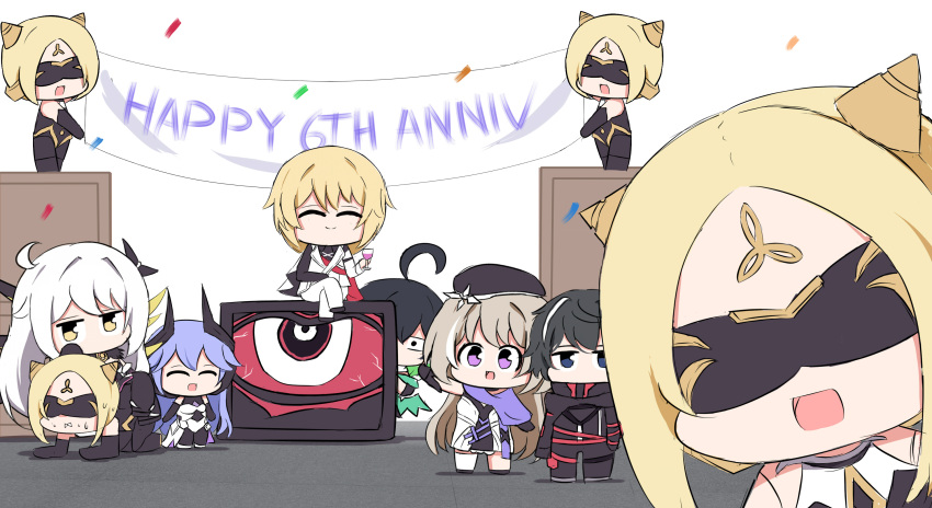 2boys, 5girls, ahoge, ana_schariac, ana_schariac_(herrscher_of_ice), benares_(honkai_impact), black_blindfold, black_footwear