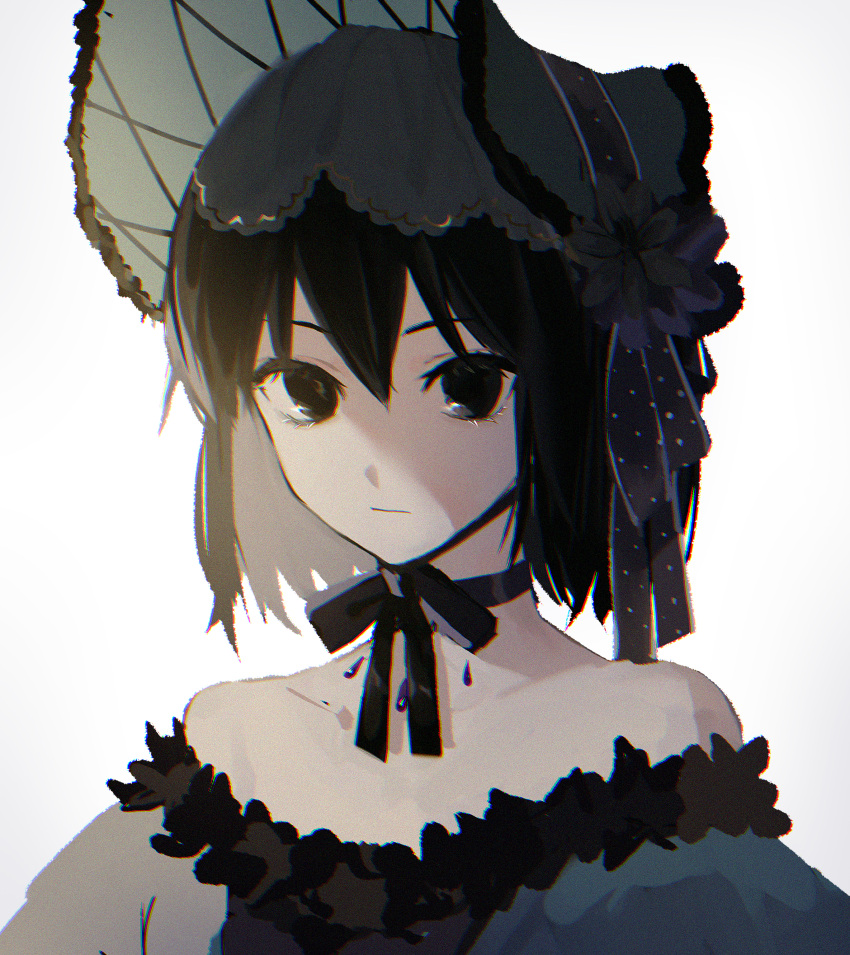 1girl, absurdres, aqua_dress, bare_shoulders, black_choker, black_eyes, black_hair, black_hat