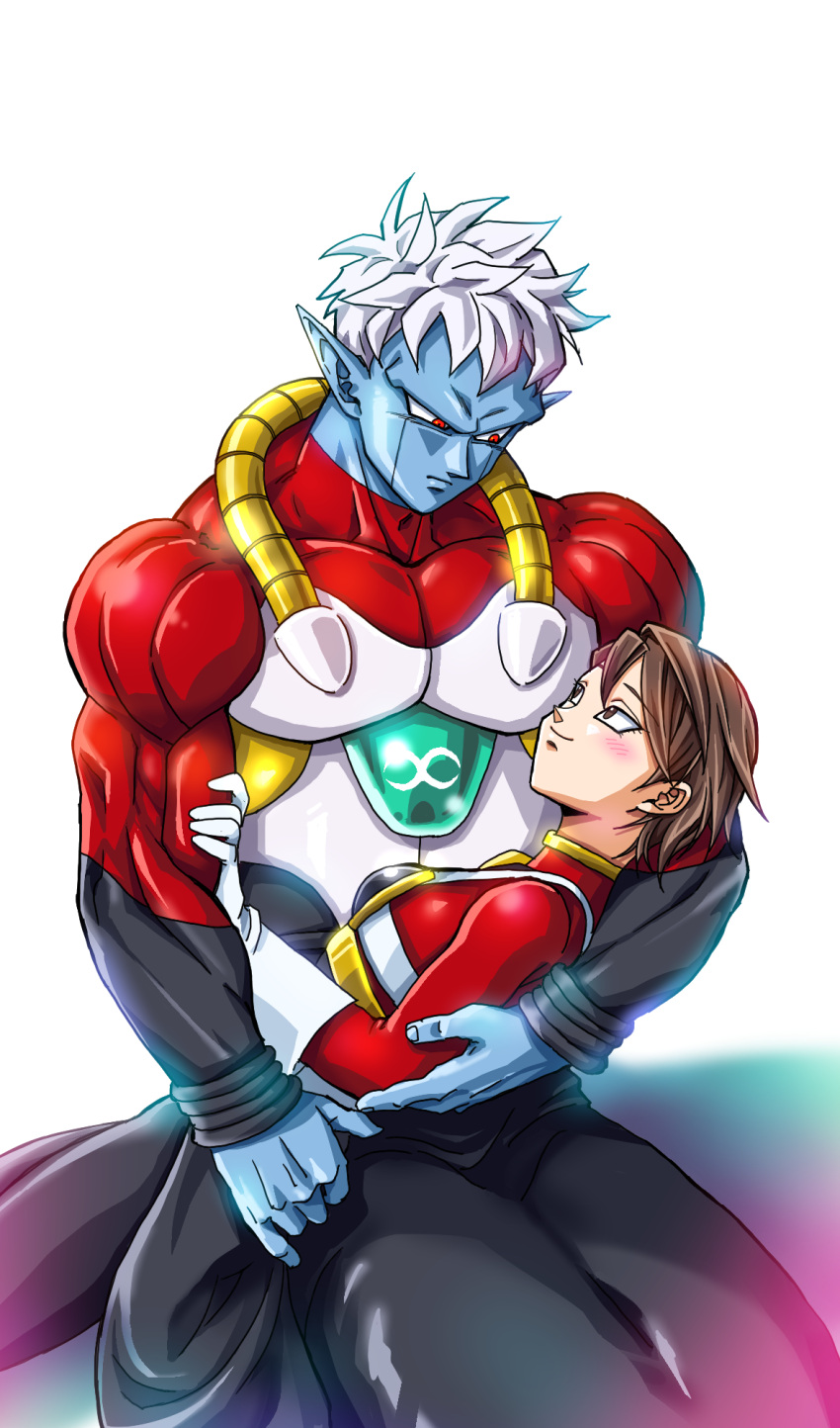 1boy, 1girl, armor, blue_skin, blush, breasts, brown_eyes, brown_hair