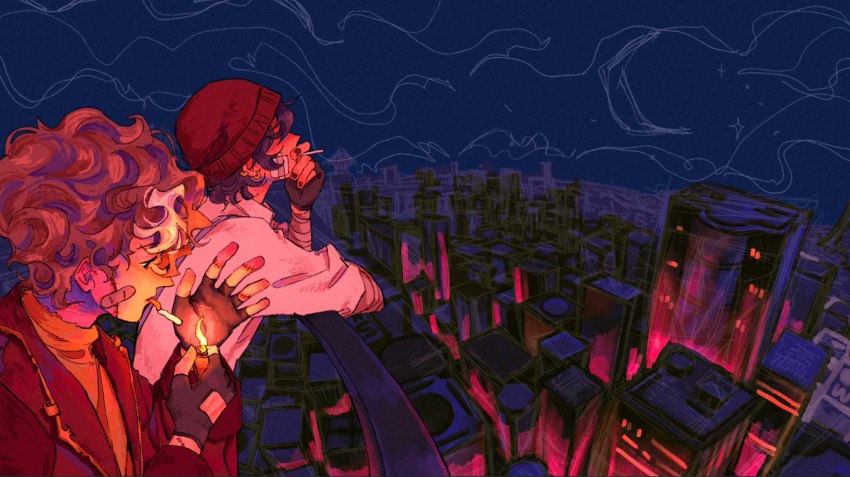 2boys, against_railing, arm_wrap, balcony, bandaid, bandaid_on_cheek, bandaid_on_face, beanie