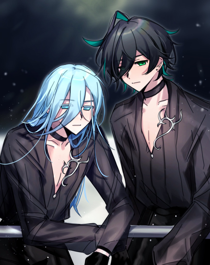 2boys, :|, against_railing, ainchase_ishmael, alternate_costume, black_gloves, black_hair, black_pants