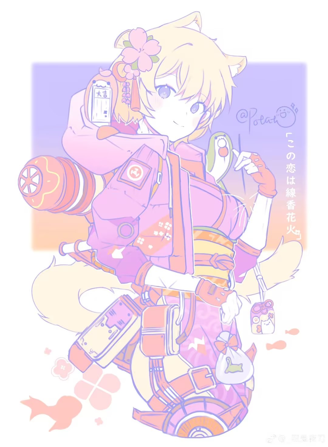 1girl, aimnoob1120, animal_ears, animification, apex_legends, bag, blush, bodysuit, breasts, cat_ears, cat_girl, cat_tail, flower, from_side, hair_flower, hair_ornament, highres, holding, holding_bag, hood, hood_down, hooded_jacket, jacket, kemonomimi_mode, looking_at_viewer, medium_breasts, nessie_(respawn), official_alternate_costume, pink_flower, purple_bodysuit, purple_crane_wattson, purple_jacket, solo, tail, tassel, tassel_hair_ornament, violet_eyes, wattson_(apex_legends)