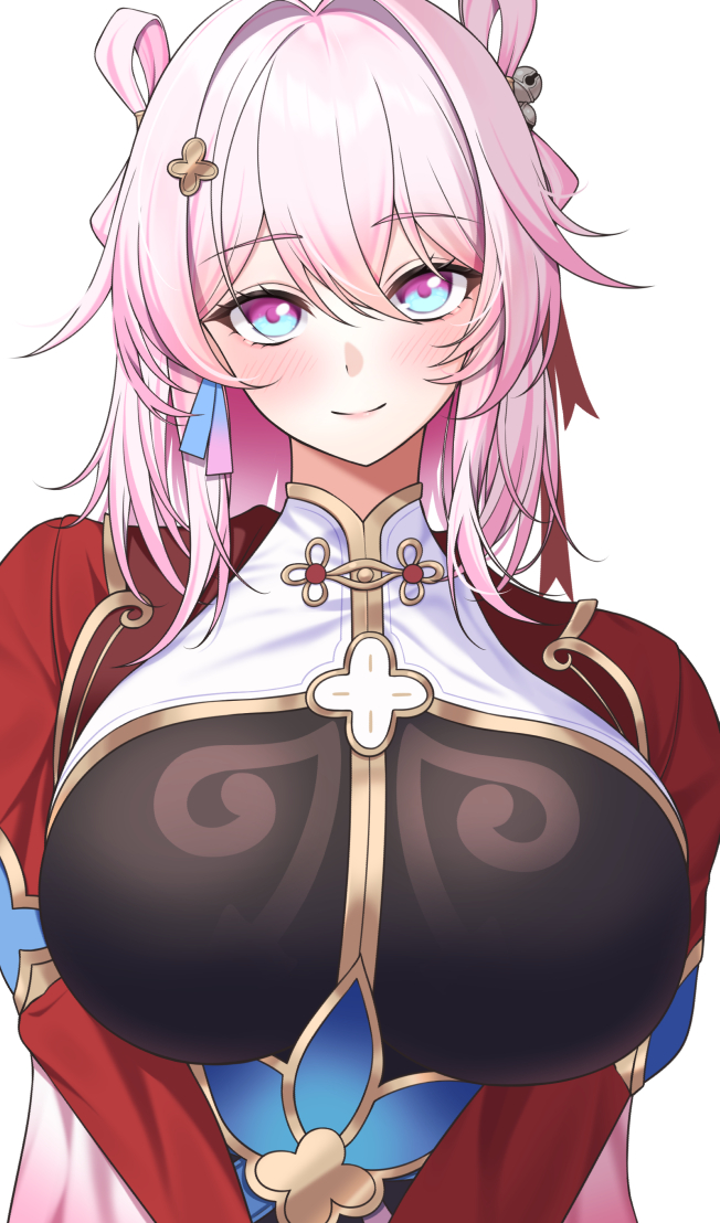 1girl, alternate_breast_size, bell, blue_eyes, blush, bow, breasts, commentary_request