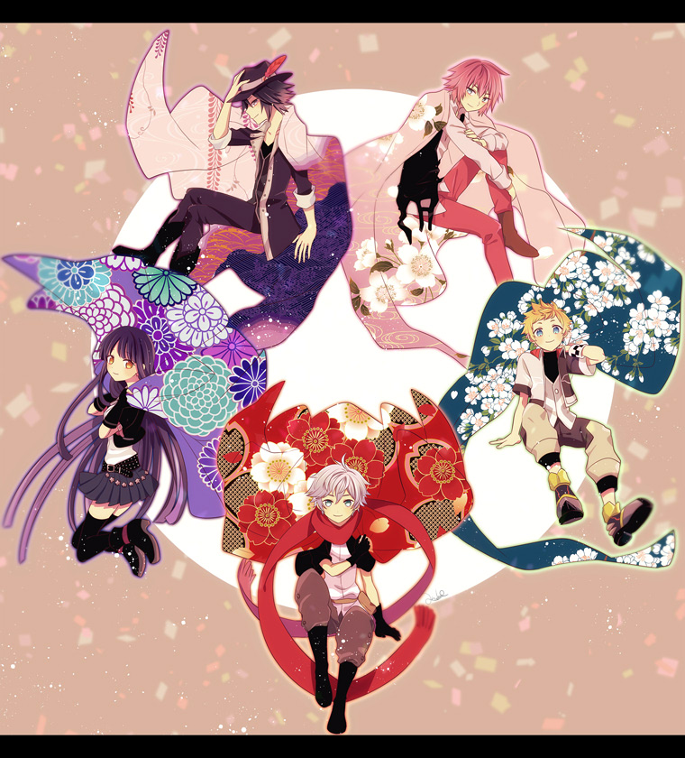 1girl, 4boys, anoko_(darenokoanoko), black_eyes, black_gloves, black_hair, black_hat, black_jacket