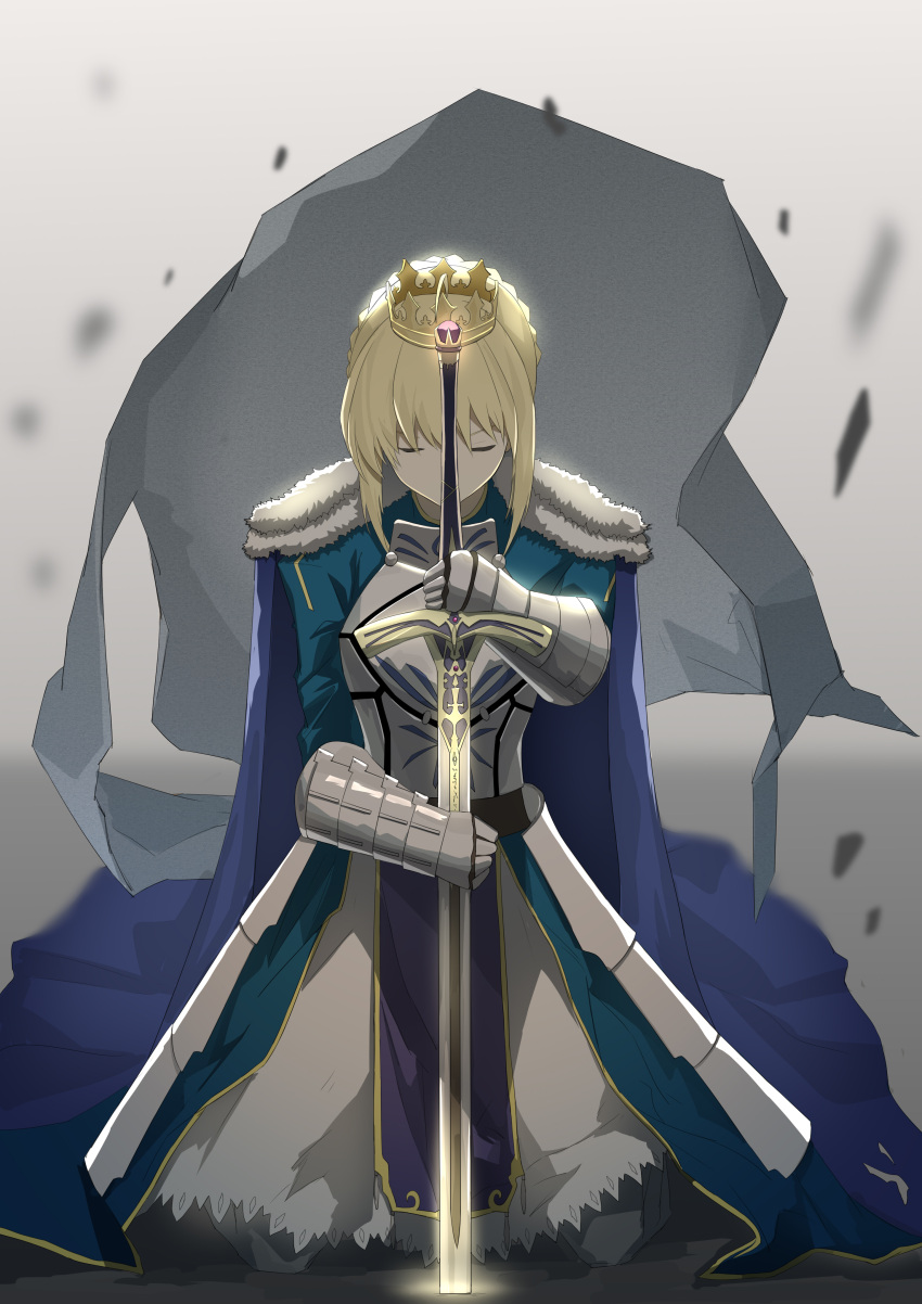 1girl, absurdres, ahoge, armor, armored_dress, artoria_pendragon_(fate), blonde_hair, blue_cape, blue_dress, braid, braided_bun, breastplate, cape, closed_eyes, crown, dress, etoile_(emiya33878499), excalibur_(fate/stay_night), fate_(series), fur-trimmed_cape, fur_trim, gauntlets, hair_between_eyes, hair_bun, highres, holding, holding_sword, holding_weapon, kneeling, saber_(fate), short_hair, sidelocks, solo, sword, weapon, white_dress