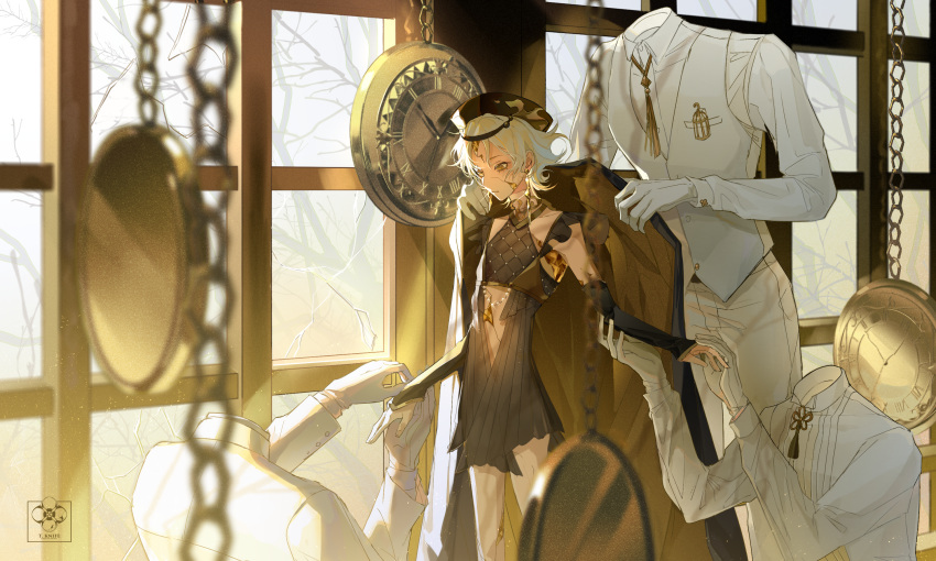 1girl, 3boys, androgynous, arm_warmers, bare_tree, beret, birdcage, black_coat