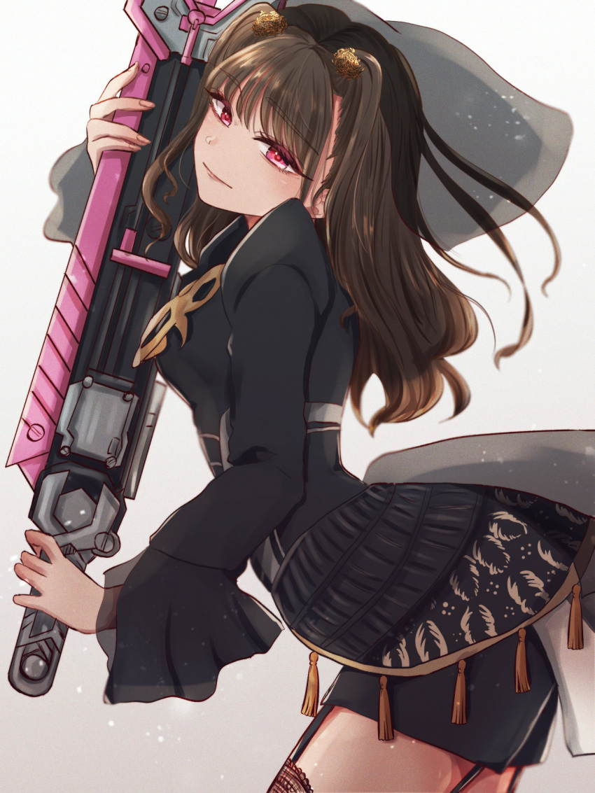 1girl, black_dress, black_shorts, brown_hair, dress, garter_straps, hachiyasumi_88, highres