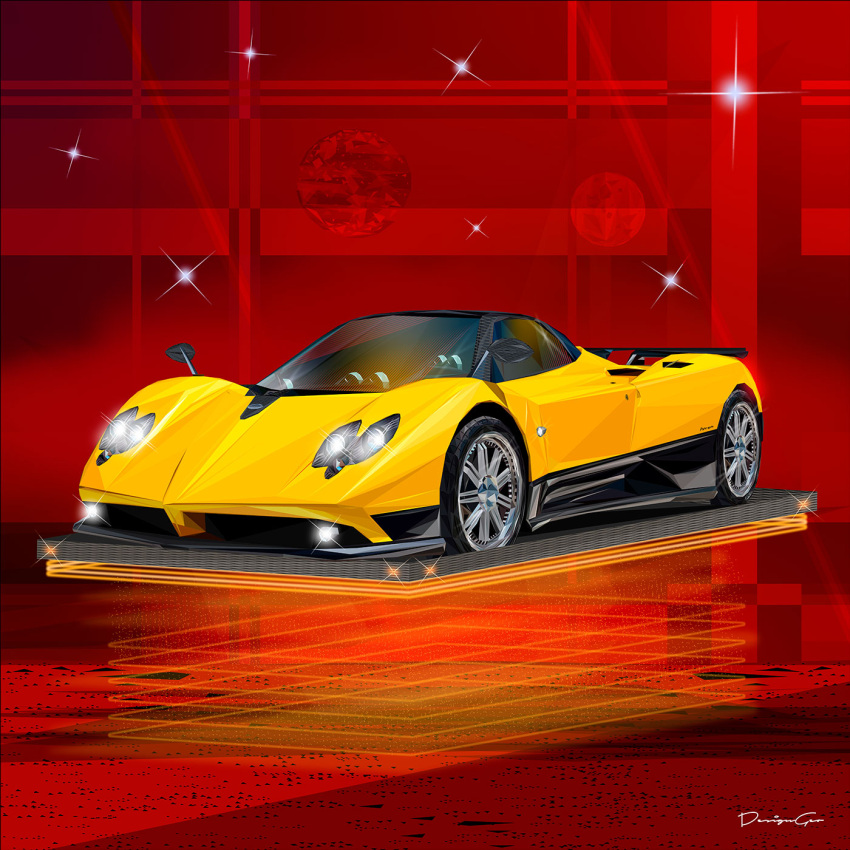 artist_name, car, designgeo, english_commentary, glint, highres, motor_vehicle, no_humans, original, pagani, pagani_zonda, planet, red_background, shadow, spoiler_(automobile), sports_car, vehicle_focus, yellow_car