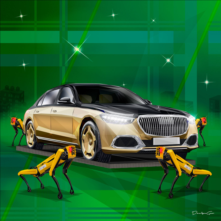 artist_name, car, designgeo, english_commentary, glint, green_background, highres, mercedes-benz, mercedes-maybach_s600, motor_vehicle, no_humans, non-humanoid_robot, original, robot, shadow, spot_(boston_dynamics), vehicle_focus