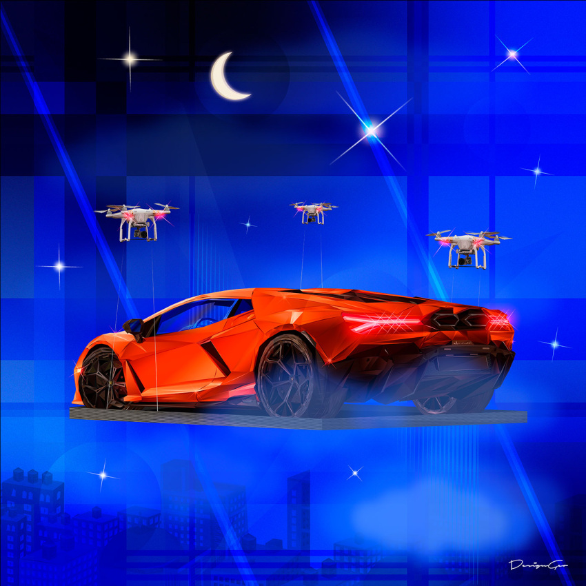 artist_name, car, city, crescent_moon, designgeo, flying, glint, glowing, highres, lamborghini, lamborghini_revuelto, moon, motor_vehicle, no_humans, orange_car, original, quadcopter, shadow, sports_car, star_(sky), vehicle_focus