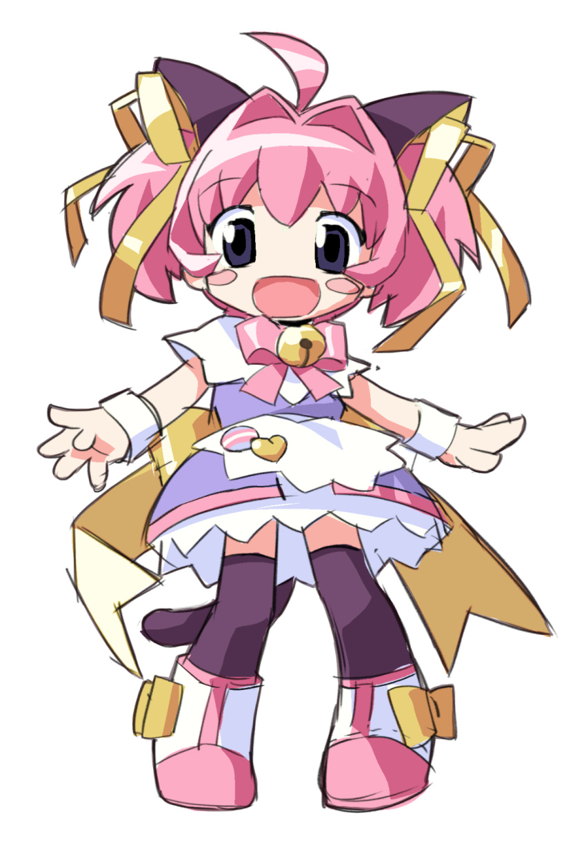1girl, :d, ahoge, angelic_kitty_miracle-chan, animal_ears, apron, badge, bell, black_thighhighs, blush_stickers, bow, button_badge, cat_ears, cat_tail, colinarmis, commentary, dress, dress_bow, english_commentary, footwear_bow, hair_bow, hair_intakes, heart, highres, jingle_bell, miracle-chan, open_mouth, original, pink_bow, pink_footwear, pink_hair, purple_dress, shoes, simple_background, smile, solo, tail, thigh-highs, transgender_flag, twintails, violet_eyes, white_apron, white_background, white_footwear, yellow_bow