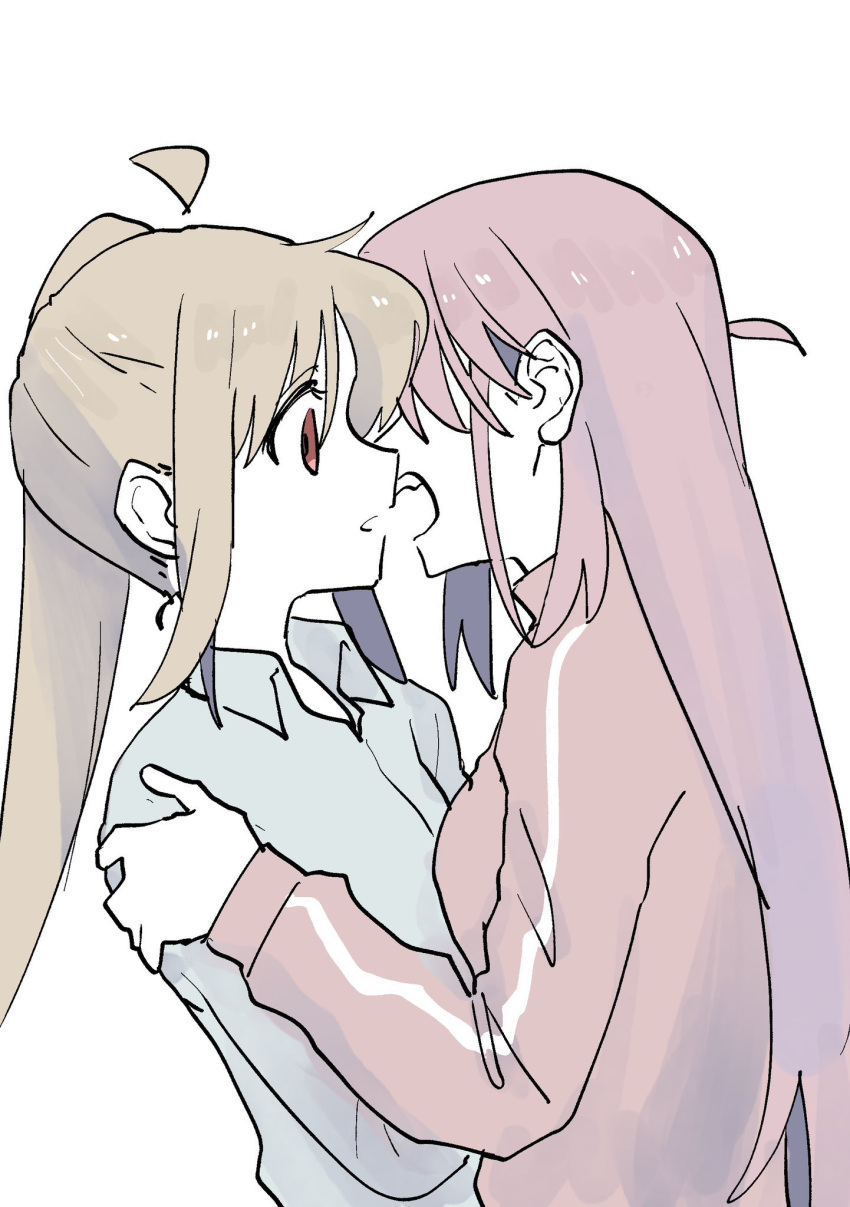 2girls, ahoge, blonde_hair, bocchi_the_rock!, detached_ahoge, gotoh_hitori, highres, holding_another's_arm