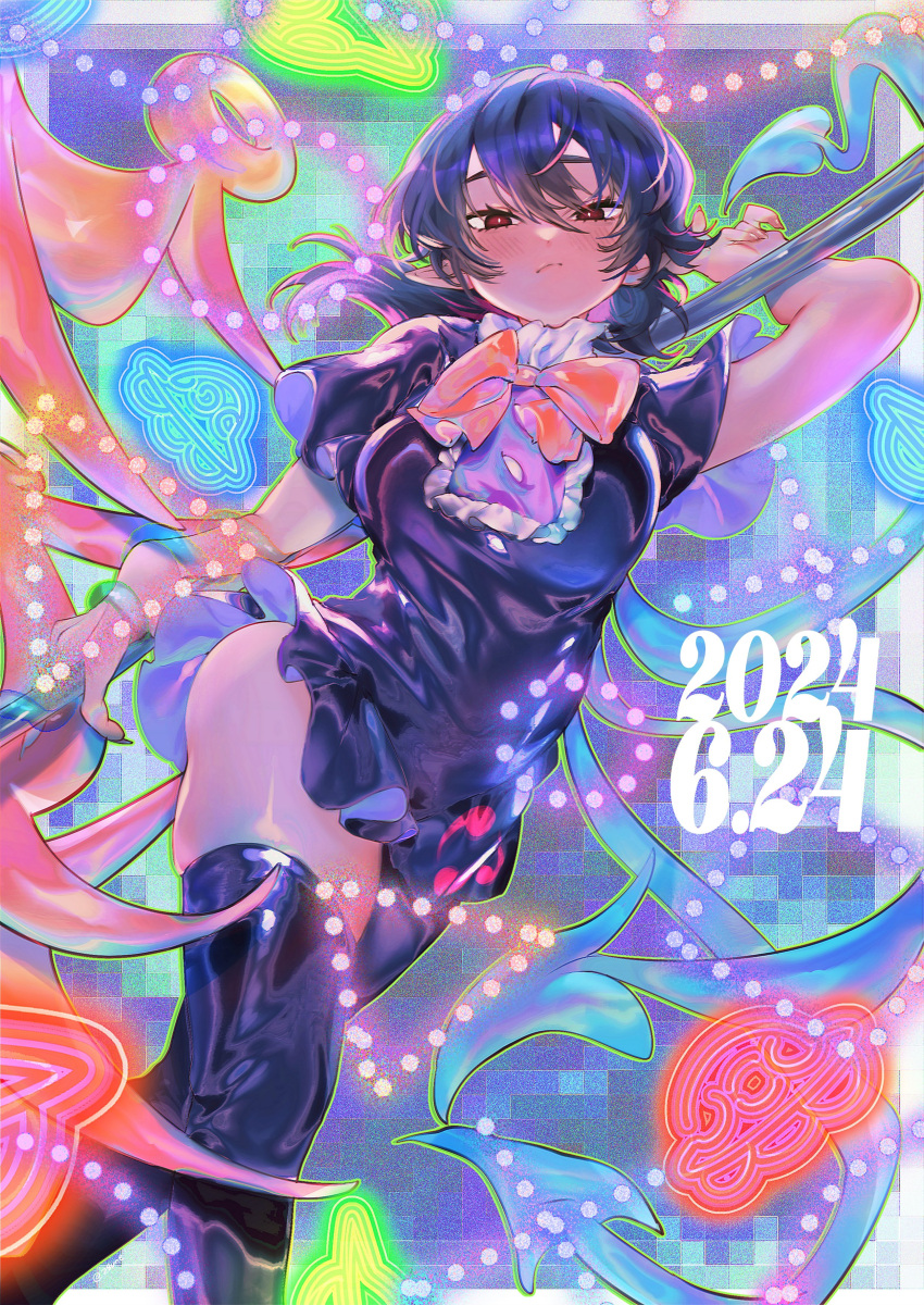 1girl, absurdres, asymmetrical_wings, black_dress, black_hair, black_thighhighs, blue_wings, bow, bowtie, breasts, center_frills, closed_mouth, dress, frills, highres, houjuu_nue, nue_day, pointy_ears, polearm, red_bow, red_bowtie, red_eyes, red_wings, short_dress, short_hair, short_sleeves, small_breasts, solo, thigh-highs, touhou, weapon, wings, yamazaki_tsukune