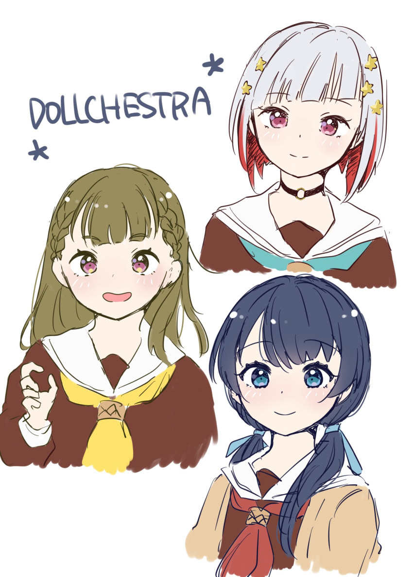 3girls, :d, aqua_neckerchief, black_choker, blue_eyes, blue_hair, blue_ribbon, bob_cut